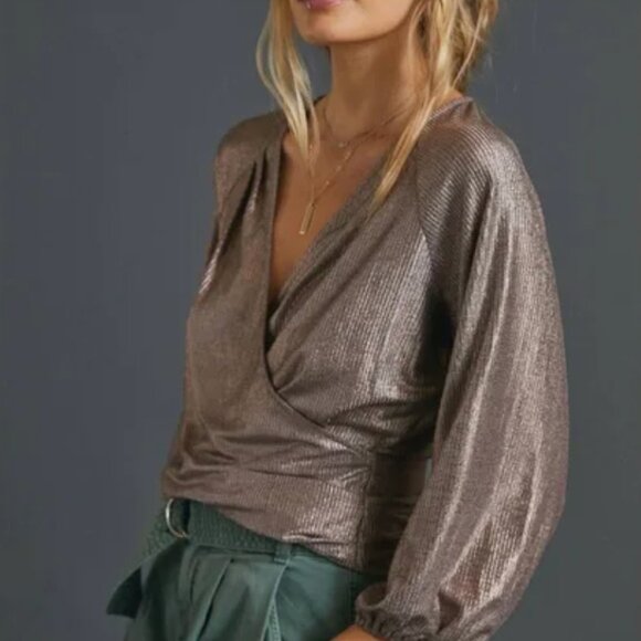 Anthropologie Bronze Metallic Ribbed Wrap Top Size XS  Balloon Sleeve - Picture 2 of 7